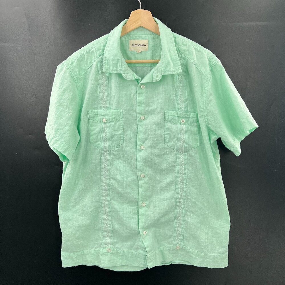 Beotyshow embroidered retro linen cotton button front shirt hippy hipster mint M
